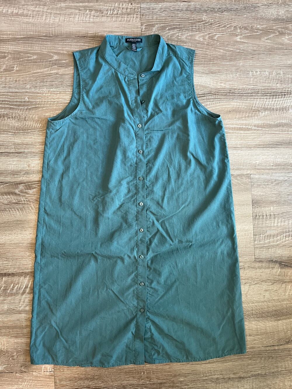 Eileen Fisher Petite PM Sage Green Sleeveless Button Down Collar Midi Dress Tenc
